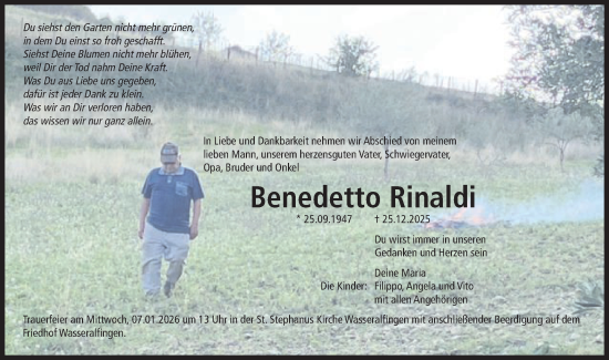 Traueranzeige von Benedetto Rinaldi von Schwäbische Post