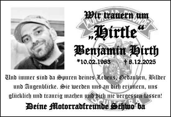 Traueranzeige von Benjamin Hirth von Schwäbische Post