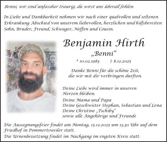 Traueranzeige von Benjamin Hirth von Schwäbische Post