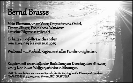 Traueranzeige von Bernd Brasse von Schwäbische Post
