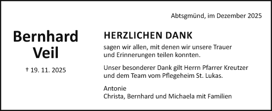 Traueranzeige von Bernhard Veil von Schwäbische Post