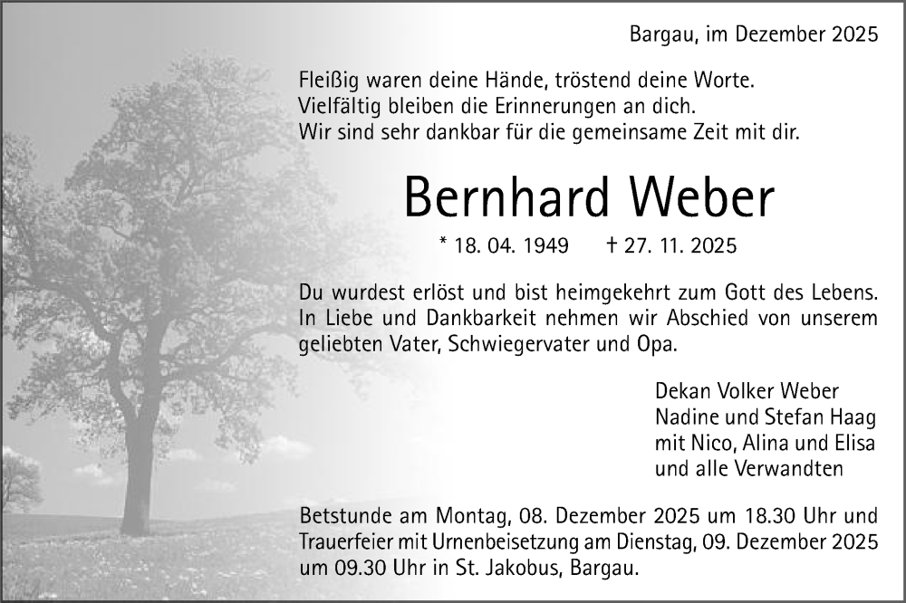  Traueranzeige für Bernhard Weber vom 04.12.2025 aus Gmünder Tagespost