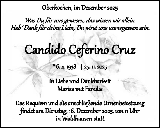Traueranzeige von Candido Ceferino Cruz von Schwäbische Post