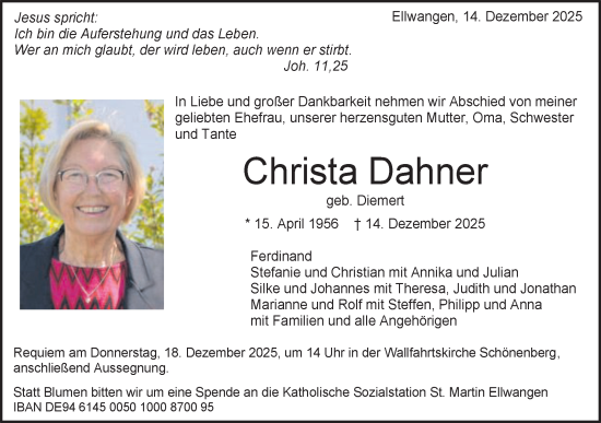 Traueranzeige von Christa Dahner von Schwäbische Post