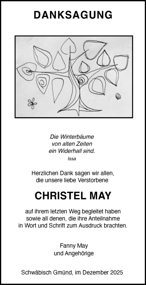 Traueranzeige von Christel May von Gmünder Tagespost