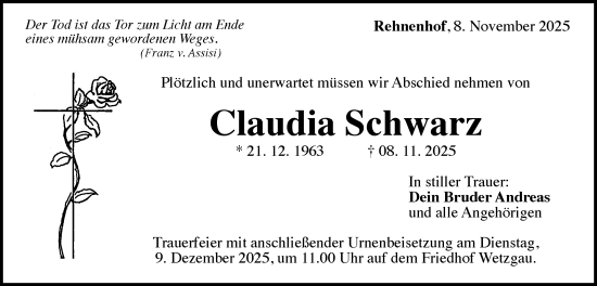 Traueranzeige von Claudia Schwarz von Gmünder Tagespost
