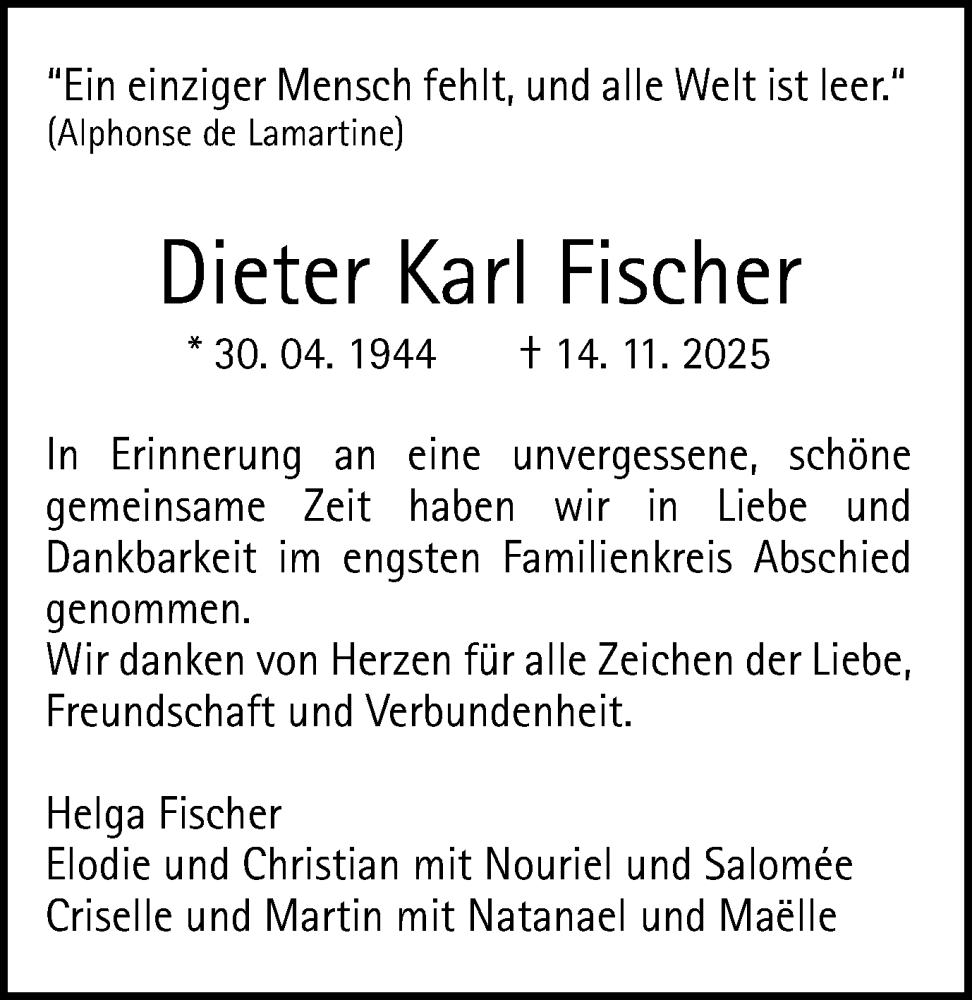  Traueranzeige für Dieter Karl Fischer vom 09.12.2025 aus Gmünder Tagespost