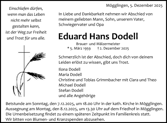 Traueranzeige von Eduard Hans Dodell von Gmünder Tagespost