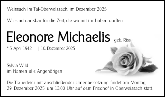 Traueranzeige von Eleonore Michaelis von Gmünder Tagespost