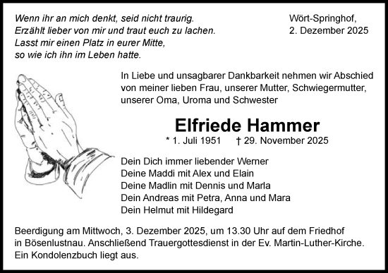 Traueranzeige von Elfriede Hammer von Schwäbische Post