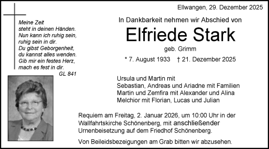 Traueranzeige von Elfriede Stark von Schwäbische Post