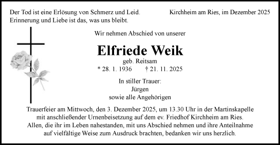 Traueranzeige von Elfriede Weik von Schwäbische Post