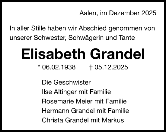 Traueranzeige von Elisabeth Grandel von Schwäbische Post
