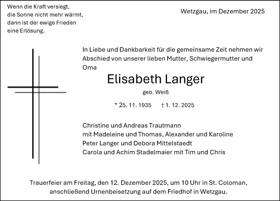 Traueranzeige von Elisabeth Langer von Gmünder Tagespost
