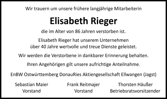 Traueranzeige von Elisabeth Rieger von Schwäbische Post