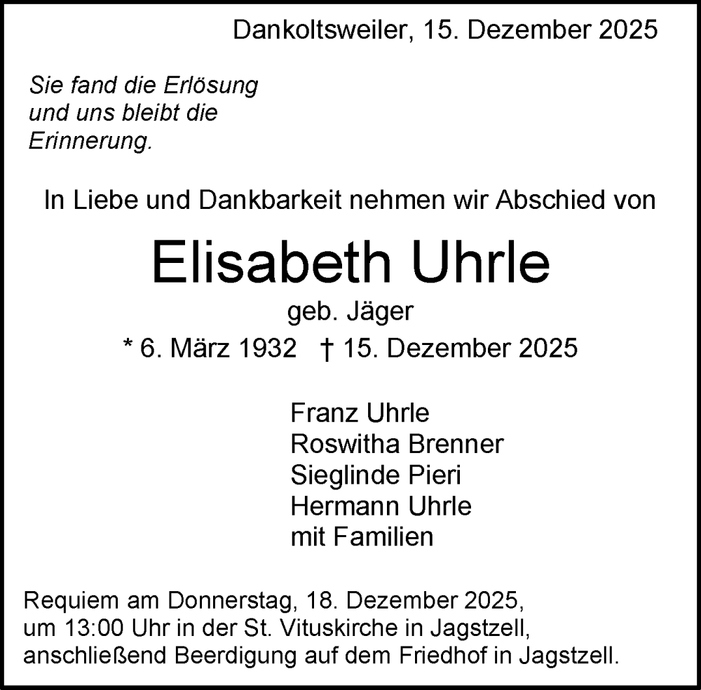  Traueranzeige für Elisabeth Uhrle vom 17.12.2025 aus Schwäbische Post