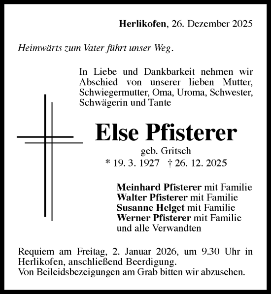 Traueranzeige von Else Pfisterer von Gmünder Tagespost