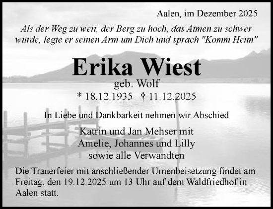 Traueranzeige von Erika Wiest von Schwäbische Post