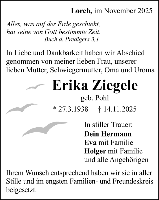 Traueranzeige von Erika Ziegele von Gmünder Tagespost