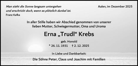 Traueranzeige von Erna Krebs von Schwäbische Post