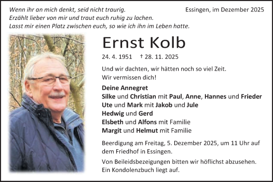 Traueranzeige von Ernst Kolb von Schwäbische Post
