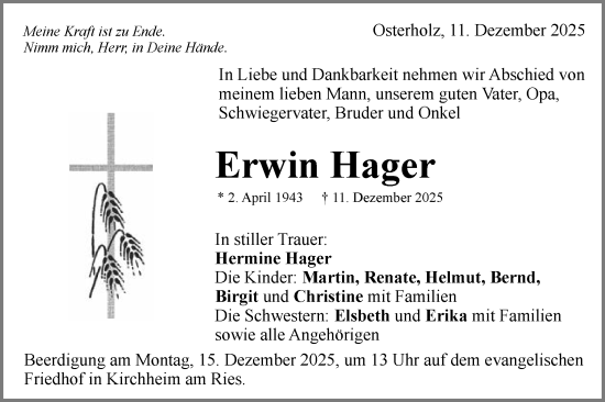 Traueranzeige von Erwin Hager von Schwäbische Post