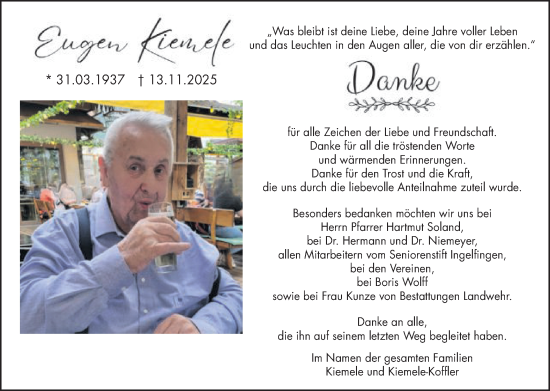 Traueranzeige von Eugen Kiemele von Gmünder Tagespost