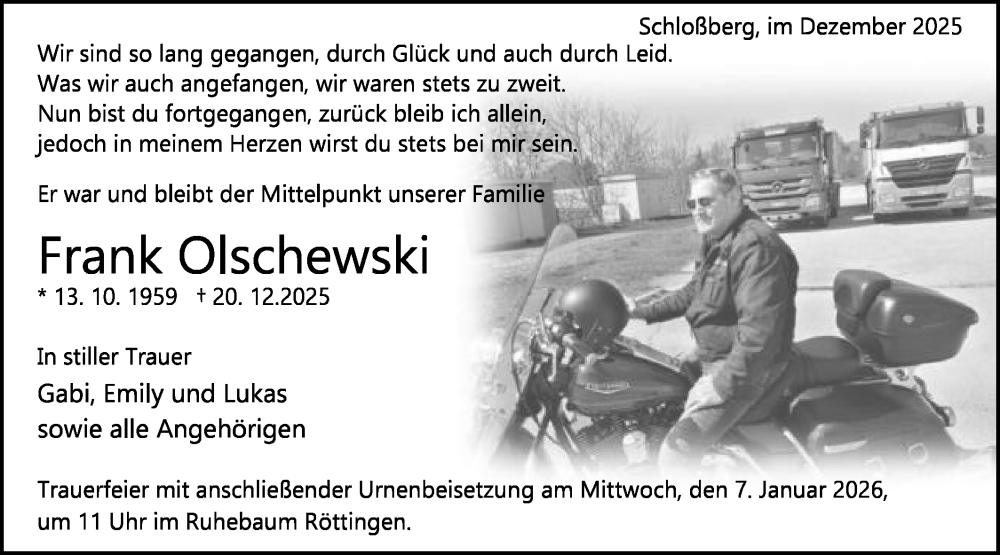  Traueranzeige für Frank Olschewski vom 24.12.2025 aus Schwäbische Post
