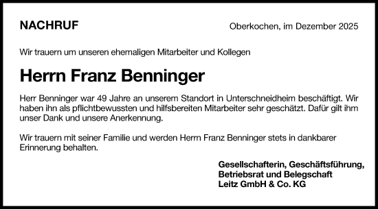 Traueranzeige von Franz Benninger von Schwäbische Post