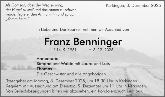 Traueranzeige von Franz Benninger von Schwäbische Post