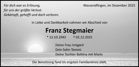 Traueranzeige von Franz Stegmaier von Schwäbische Post