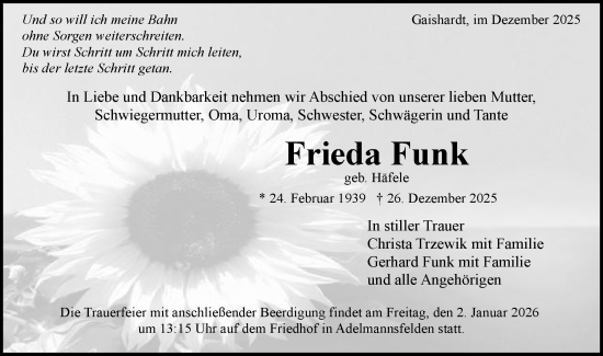 Traueranzeige von Frieda Funk von Schwäbische Post