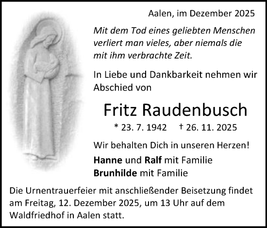Traueranzeige von Fritz Raudenbusch von Schwäbische Post