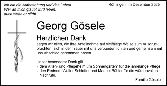 Traueranzeige von Georg Gösele von Schwäbische Post