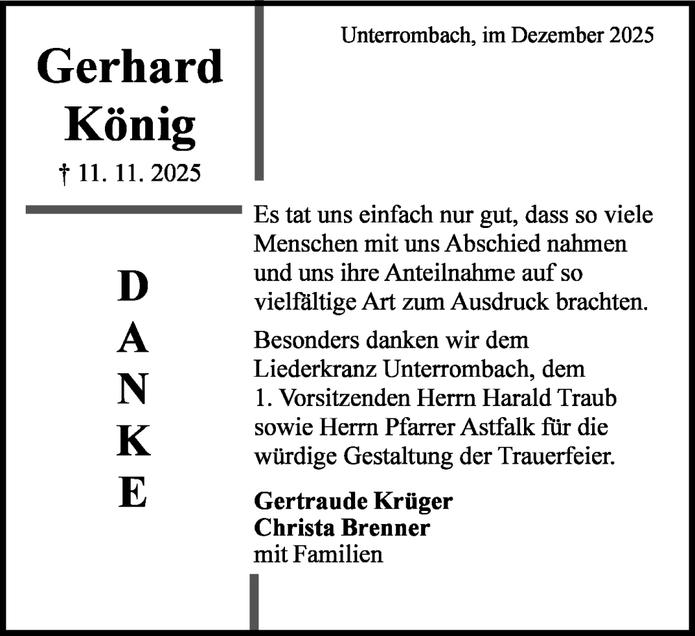  Traueranzeige für Gerhard König vom 22.12.2025 aus Schwäbische Post