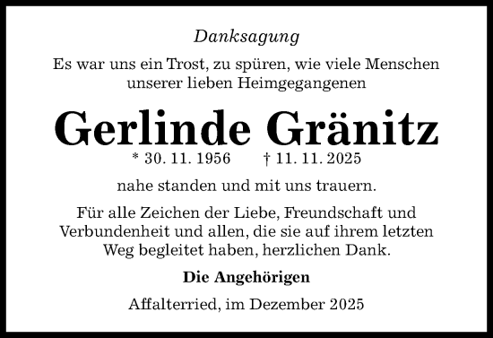 Traueranzeige von Gerlinde Gränitz von Schwäbische Post