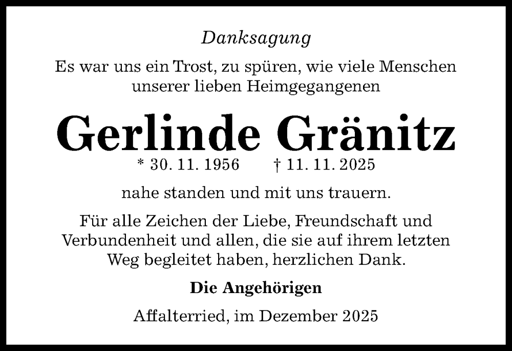  Traueranzeige für Gerlinde Gränitz vom 06.12.2025 aus Schwäbische Post