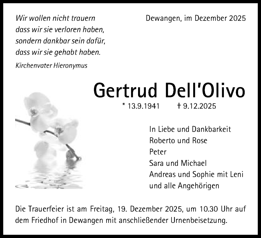  Traueranzeige für Gertrud Dell’Olivo vom 16.12.2025 aus Schwäbische Post