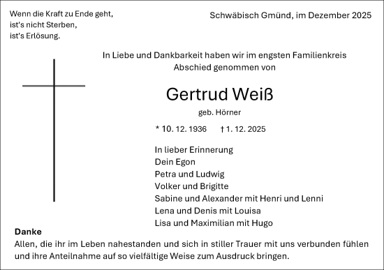 Traueranzeige von Gertrud Weiß von Gmünder Tagespost