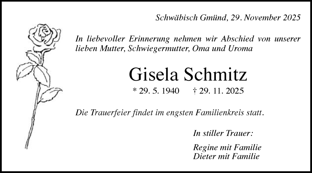  Traueranzeige für Gisela Schmitz vom 06.12.2025 aus Gmünder Tagespost
