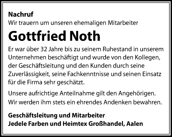 Traueranzeige von Gottfried Noth von Schwäbische Post