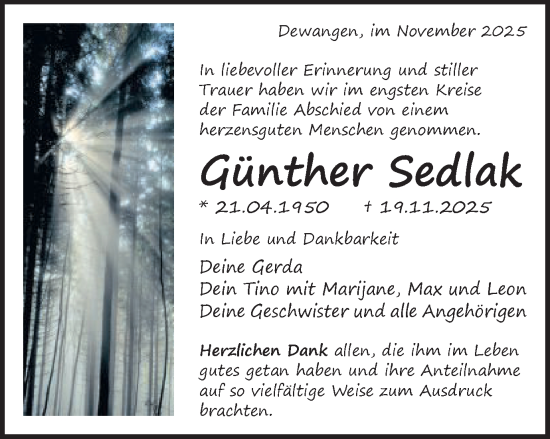 Traueranzeige von Günther Sedlak von Schwäbische Post