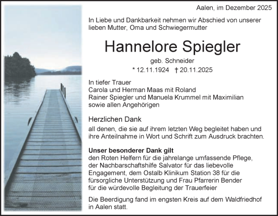 Traueranzeige von Hannelore Spiegler von Schwäbische Post