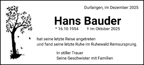 Traueranzeige von Hans Bauder von Gmünder Tagespost