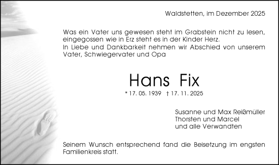 Traueranzeige von Hans Fix von Gmünder Tagespost