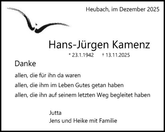 Traueranzeige von Hans-Jürgen Kamenz von Gmünder Tagespost