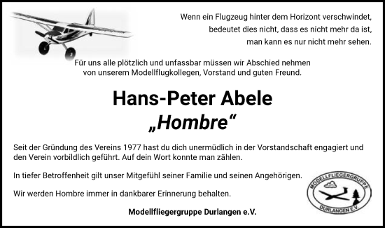 Traueranzeige von Hans-Peter Abele von Gmünder Tagespost