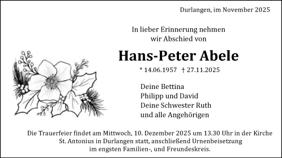 Traueranzeige von Hans-Peter Abele von Gmünder Tagespost