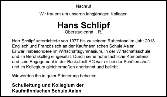 Traueranzeige von Hans Schlipf von Schwäbische Post