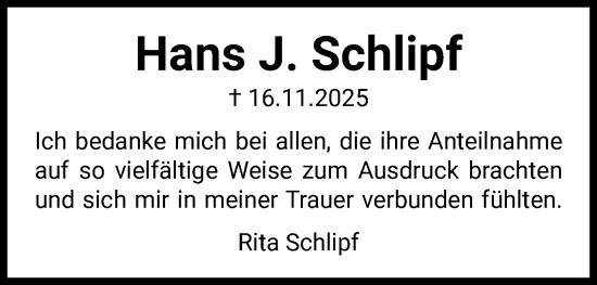 Traueranzeige von Hans J. Schlipf von Schwäbische Post